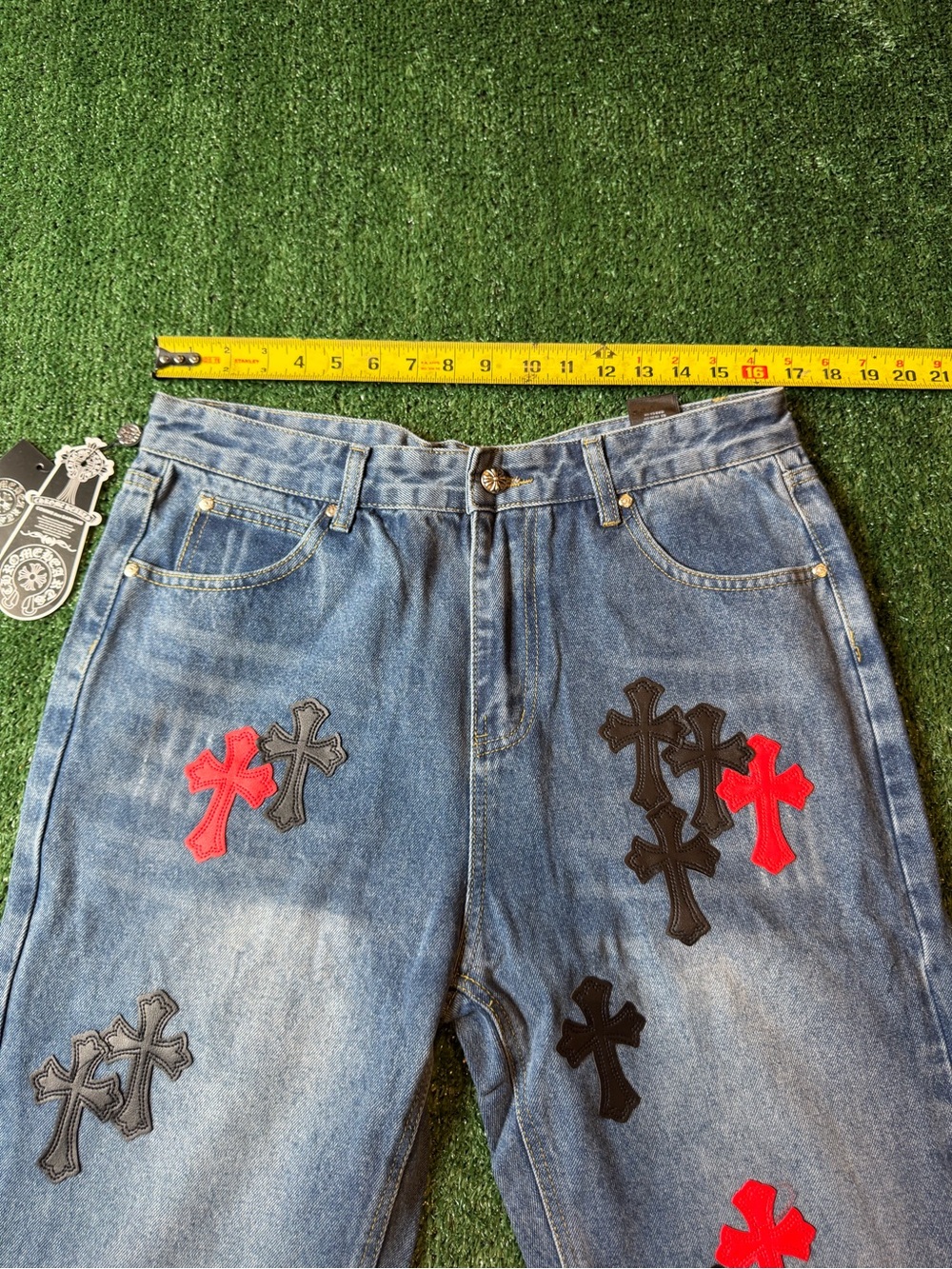 Straight Men’s Denim Jeans with Red & Black Cross Patches - Picture 12 of 12